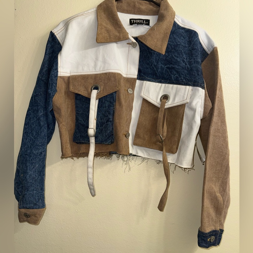 Thrill Jeans Cropped Patchwork‎ Denim Jacket Color Block Strap Pocket Y2K Size L
